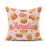 Custom Name Kawaii Burger Fries Hotdog Fast Food Seamless Pastel Square Filled Cushion Throw Pillow Sofa Bed Home Decor Zip Washable UK Made