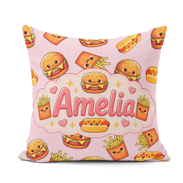 Custom Name Kawaii Burger Fries Hotdog Fast Food Seamless Pastel Square Filled Cushion Throw Pillow Sofa Bed Home Decor Zip Washable UK Made