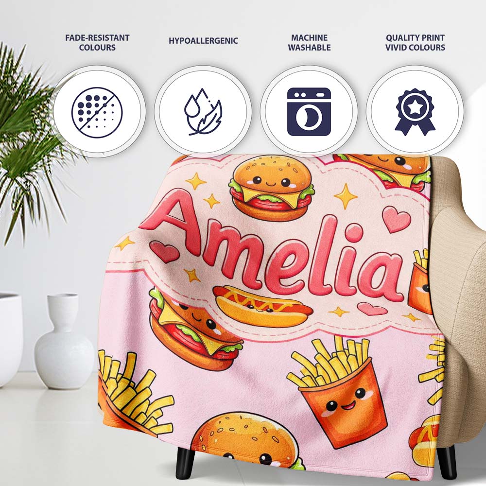 Kawaii Burger Fries Hotdog Fast Food Seamless Pattern Pastel Pink  Personalised Custom Name Super Soft Fleece Blanket Bed Sofa Throw
