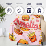 Kawaii Burger Fries Hotdog Fast Food Seamless Pattern Pastel Pink  Personalised Custom Name Super Soft Fleece Blanket Bed Sofa Throw