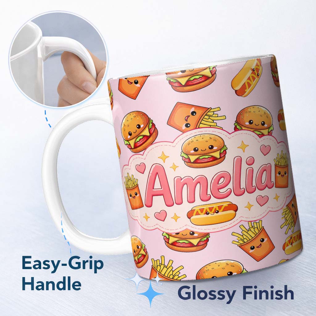 Personalized Custom Name Kawaii Burger Fries Hotdog Fast Food Seamless Pattern Pastel Pink 11oz Ceramic Coffee Tea Mug White Large Handle