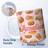 Personalized Custom Name Kawaii Burger Fries Hotdog Fast Food Seamless Pattern Pastel Pink 11oz Ceramic Coffee Tea Mug White Large Handle