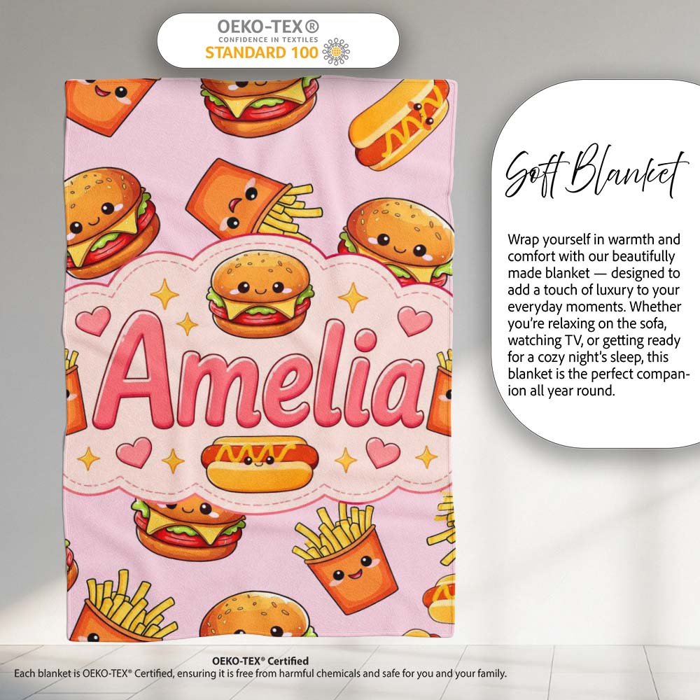 Kawaii Burger Fries Hotdog Fast Food Seamless Pattern Pastel Pink  Personalised Custom Name Super Soft Fleece Blanket Bed Sofa Throw