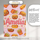 Kawaii Burger Fries Hotdog Fast Food Seamless Pattern Pastel Pink  Personalised Custom Name Super Soft Fleece Blanket Bed Sofa Throw