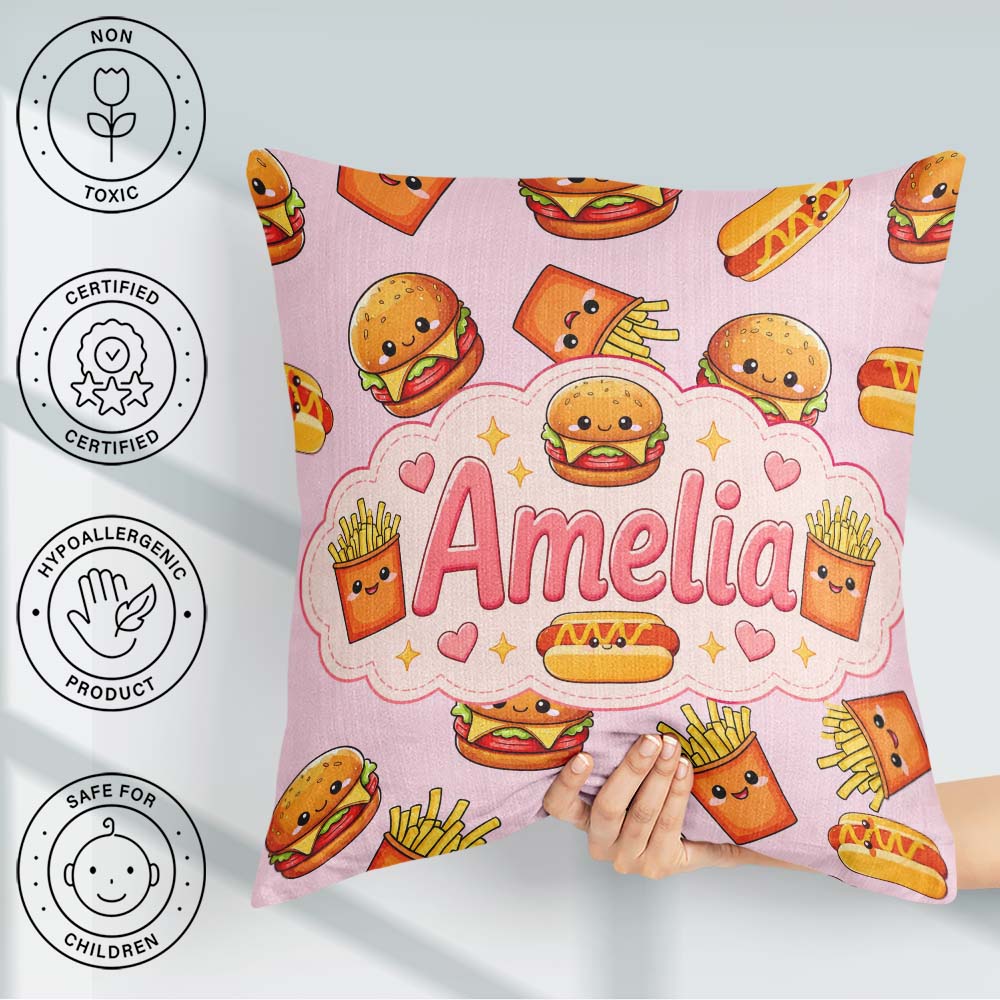 Custom Name Kawaii Burger Fries Hotdog Fast Food Seamless Pastel Square Filled Cushion Throw Pillow Sofa Bed Home Decor Zip Washable UK Made