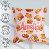 Custom Name Kawaii Burger Fries Hotdog Fast Food Seamless Pastel Square Filled Cushion Throw Pillow Sofa Bed Home Decor Zip Washable UK Made