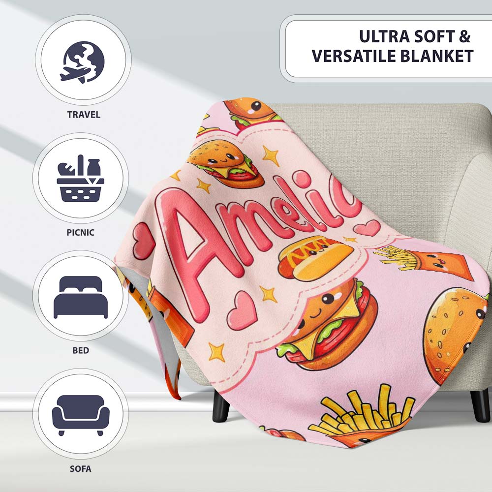 Kawaii Burger Fries Hotdog Fast Food Seamless Pattern Pastel Pink  Personalised Custom Name Super Soft Fleece Blanket Bed Sofa Throw