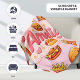 Kawaii Burger Fries Hotdog Fast Food Seamless Pattern Pastel Pink  Personalised Custom Name Super Soft Fleece Blanket Bed Sofa Throw