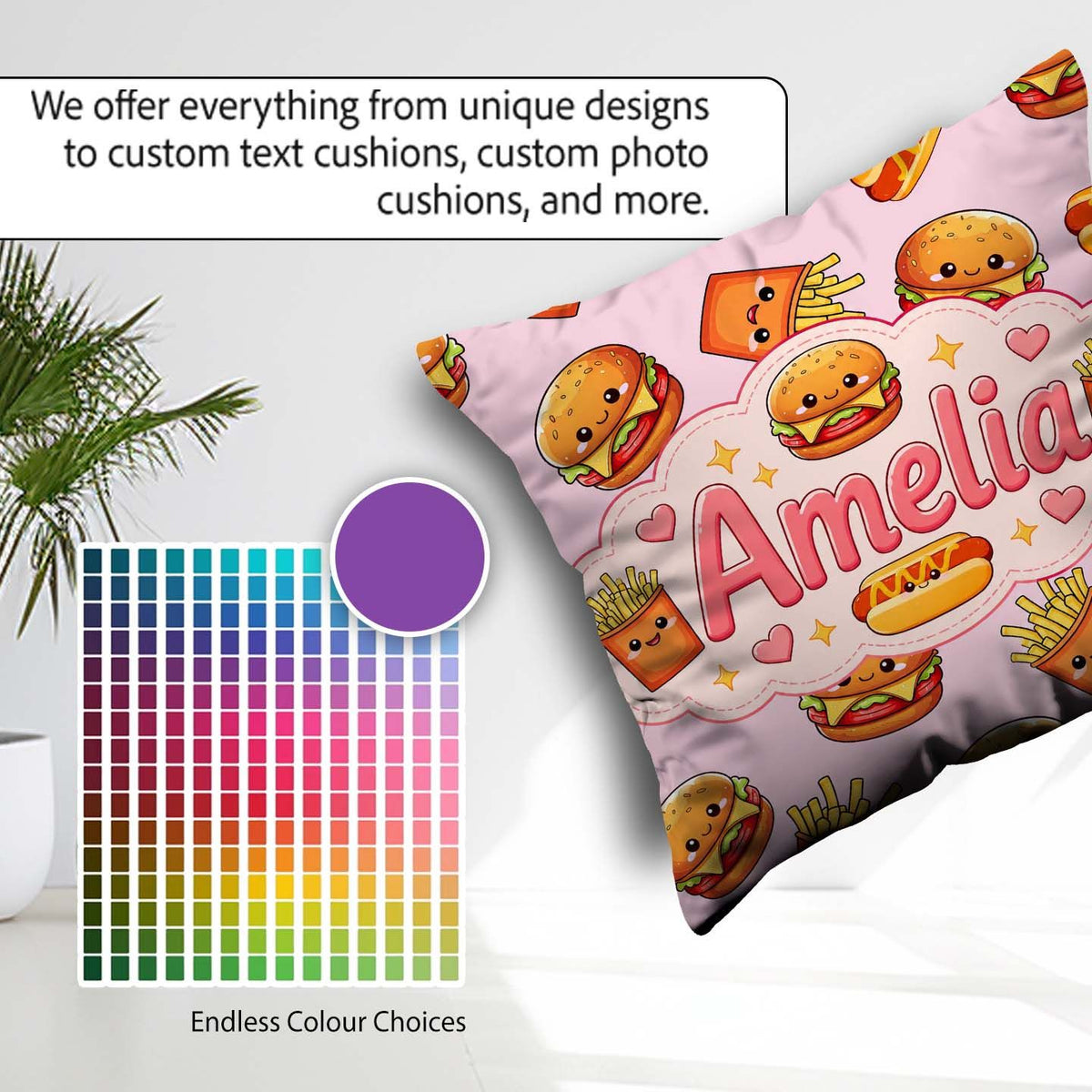 Custom Name Kawaii Burger Fries Hotdog Fast Food Seamless Pastel Square Filled Cushion Throw Pillow Sofa Bed Home Decor Zip Washable UK Made