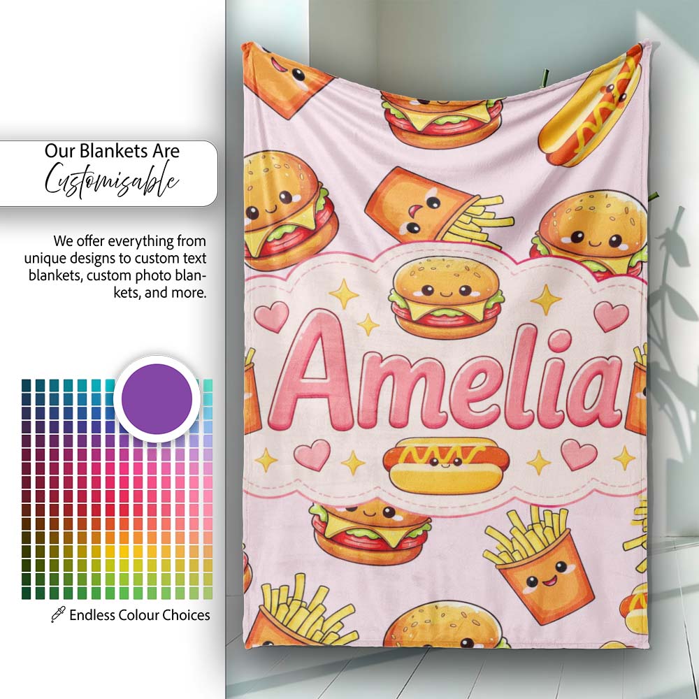 Kawaii Burger Fries Hotdog Fast Food Seamless Pattern Pastel Pink  Personalised Custom Name Super Soft Fleece Blanket Bed Sofa Throw