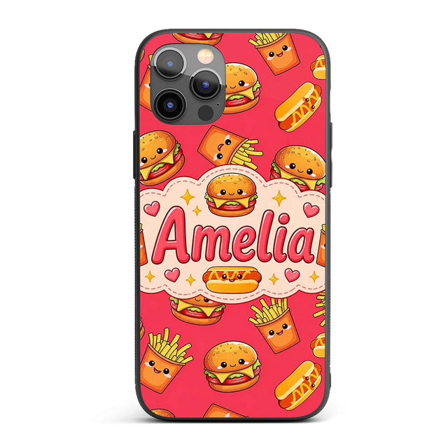 Cute Kawaii Burger Fries Hotdog Printed Design Custom Name Protective Phone Case Mobile Cover Durable Everyday Smartphone Shock Resistant