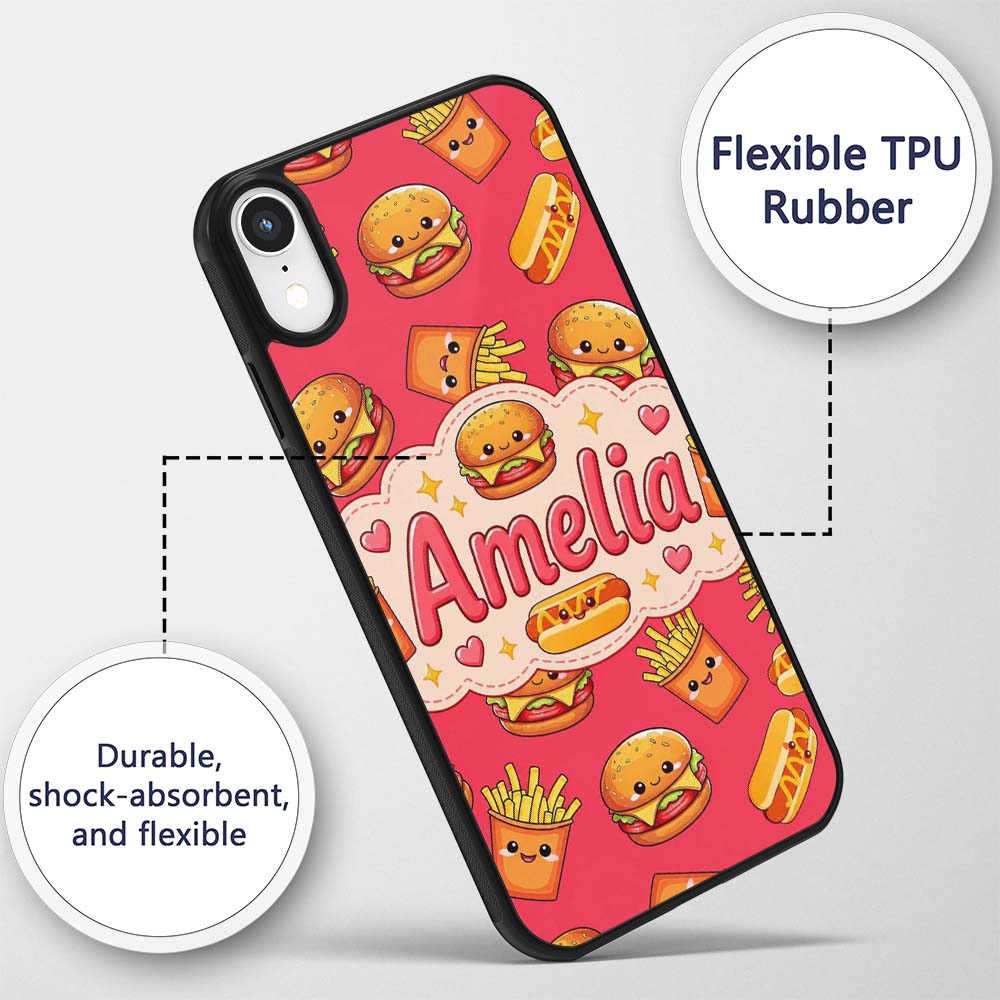 Cute Kawaii Burger Fries Hotdog Printed Design Custom Name Protective Phone Case Mobile Cover Durable Everyday Smartphone Shock Resistant