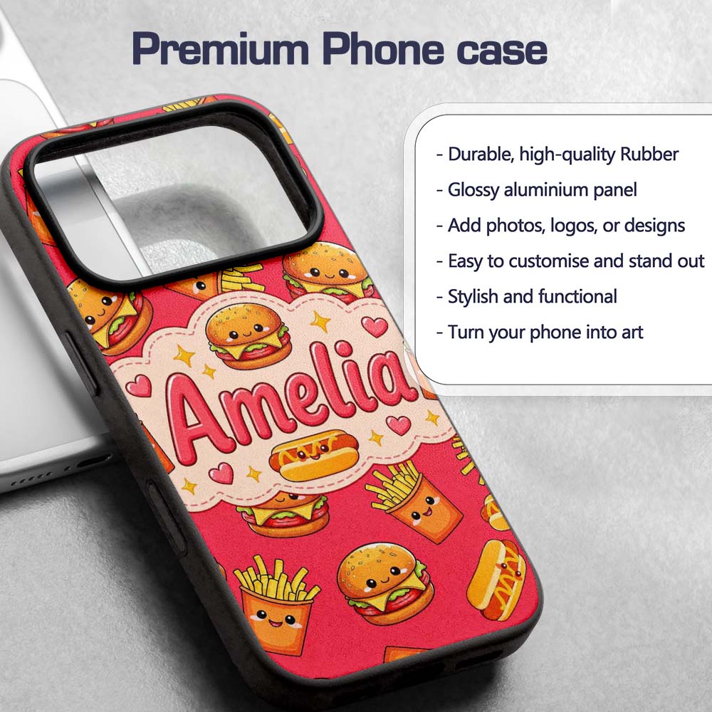 Cute Kawaii Burger Fries Hotdog Printed Design Custom Name Protective Phone Case Mobile Cover Durable Everyday Smartphone Shock Resistant