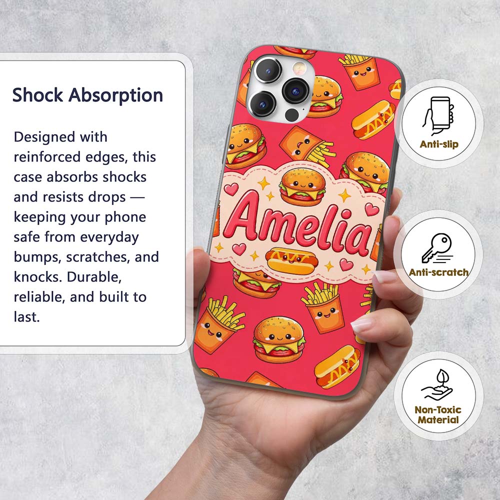 Cute Kawaii Burger Fries Hotdog Printed Design Custom Name Protective Phone Case Mobile Cover Durable Everyday Smartphone Shock Resistant