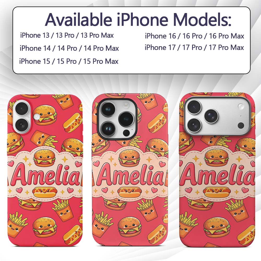 Cute Kawaii Burger Fries Hotdog Printed Design Custom Name Protective Phone Case Mobile Cover Durable Everyday Smartphone Shock Resistant