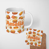 Personalized Custom Name Cute Kawaii Burger Fries Hotdog Fast Food Seamless Pattern Grey 11oz Ceramic Coffee Tea Mug White Large Handle