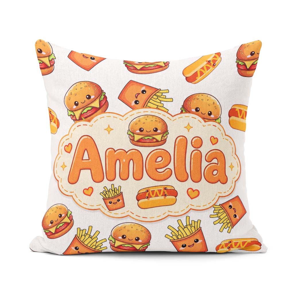 Custom Name Kawaii Burger Hotdog Fast Food Seamless Pattern Grey Square Filled Cushion Throw Pillow Sofa Bed Home Decor Zip Washable UK Made