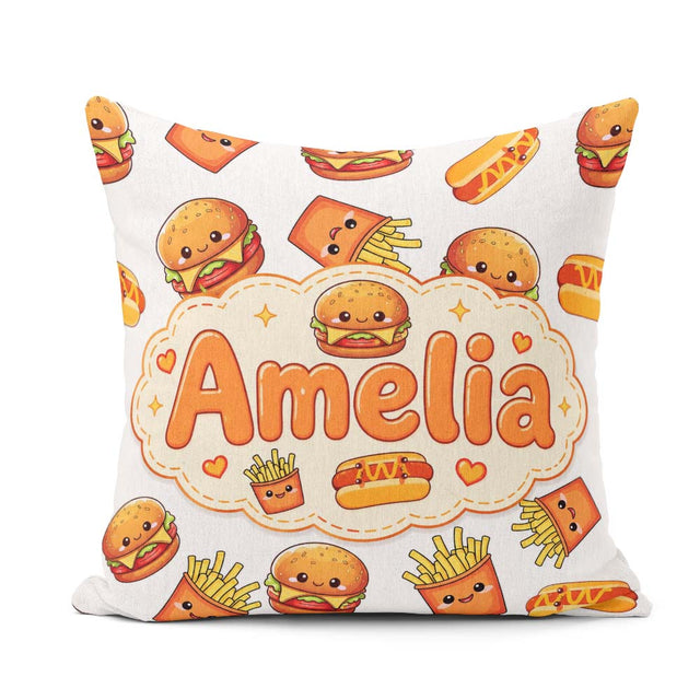 Custom Name Kawaii Burger Hotdog Fast Food Seamless Pattern Grey Square Filled Cushion Throw Pillow Sofa Bed Home Decor Zip Washable UK Made