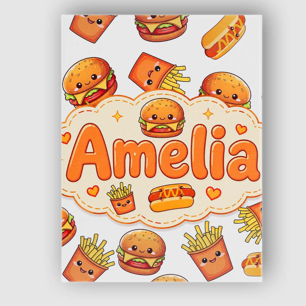 Personalised Name Cute Kawaii Burger Fries Custom  Unique Gift Idea Elegant Feature Canvas Wall Art Print Decor Picture Ready to Hang