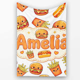 Cute Kawaii Burger Fries Hotdog Fast Food Seamless Pattern Grey  Personalised Custom Name Super Soft Fleece Blanket Bed Sofa Throw