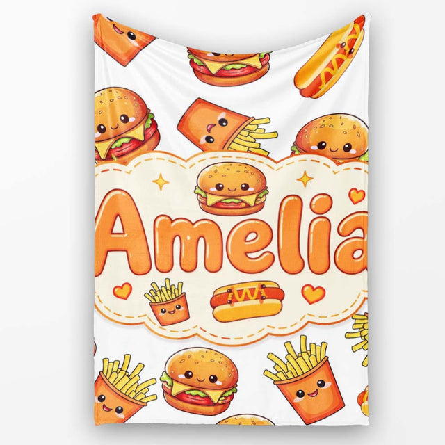 Cute Kawaii Burger Fries Hotdog Fast Food Seamless Pattern Grey  Personalised Custom Name Super Soft Fleece Blanket Bed Sofa Throw