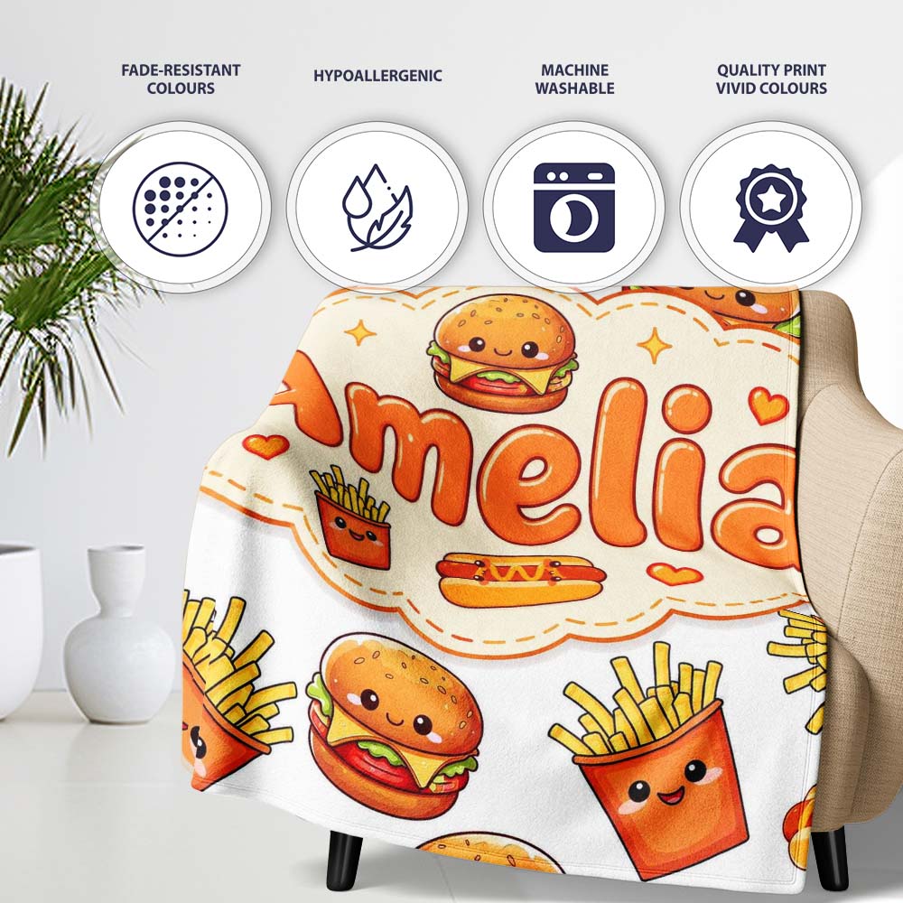 Cute Kawaii Burger Fries Hotdog Fast Food Seamless Pattern Grey  Personalised Custom Name Super Soft Fleece Blanket Bed Sofa Throw