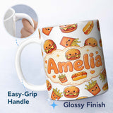 Personalized Custom Name Cute Kawaii Burger Fries Hotdog Fast Food Seamless Pattern Grey 11oz Ceramic Coffee Tea Mug White Large Handle