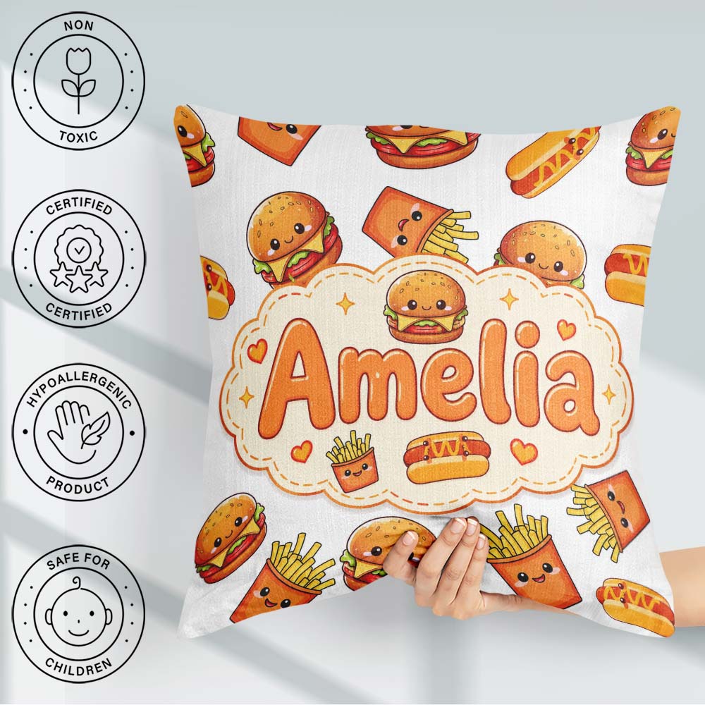 Custom Name Kawaii Burger Hotdog Fast Food Seamless Pattern Grey Square Filled Cushion Throw Pillow Sofa Bed Home Decor Zip Washable UK Made
