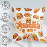 Custom Name Kawaii Burger Hotdog Fast Food Seamless Pattern Grey Square Filled Cushion Throw Pillow Sofa Bed Home Decor Zip Washable UK Made