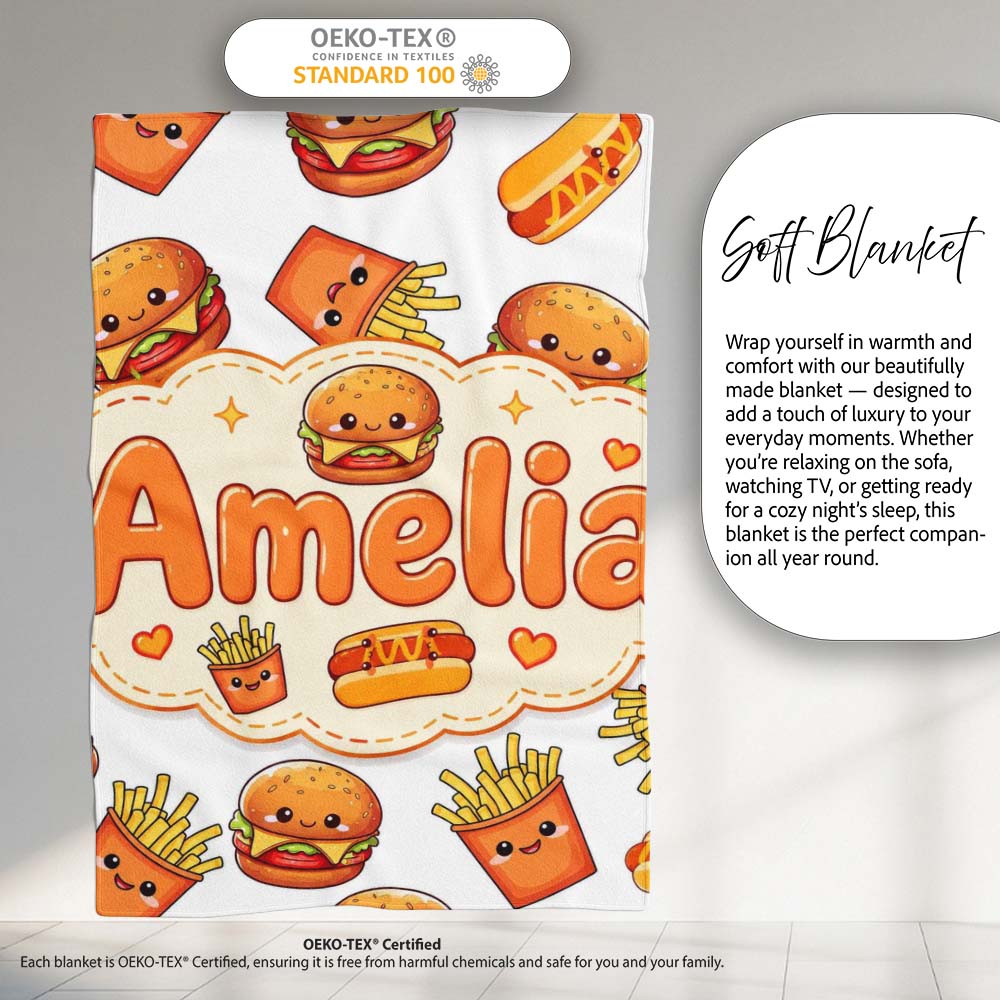 Cute Kawaii Burger Fries Hotdog Fast Food Seamless Pattern Grey  Personalised Custom Name Super Soft Fleece Blanket Bed Sofa Throw