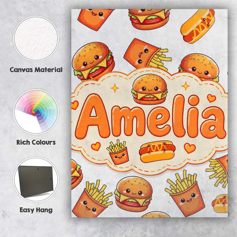 Personalised Name Cute Kawaii Burger Fries Custom  Unique Gift Idea Elegant Feature Canvas Wall Art Print Decor Picture Ready to Hang