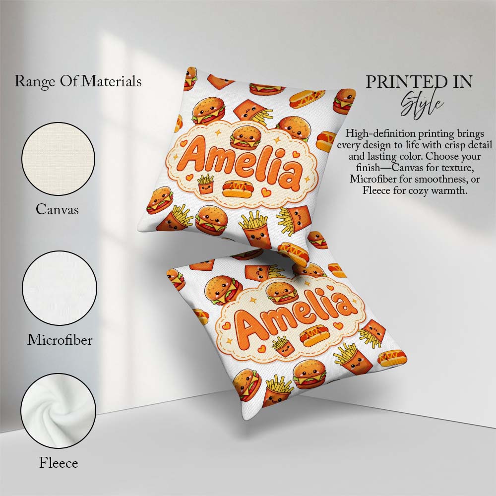 Custom Name Kawaii Burger Hotdog Fast Food Seamless Pattern Grey Square Filled Cushion Throw Pillow Sofa Bed Home Decor Zip Washable UK Made