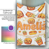 Cute Kawaii Burger Fries Hotdog Fast Food Seamless Pattern Grey  Personalised Custom Name Super Soft Fleece Blanket Bed Sofa Throw