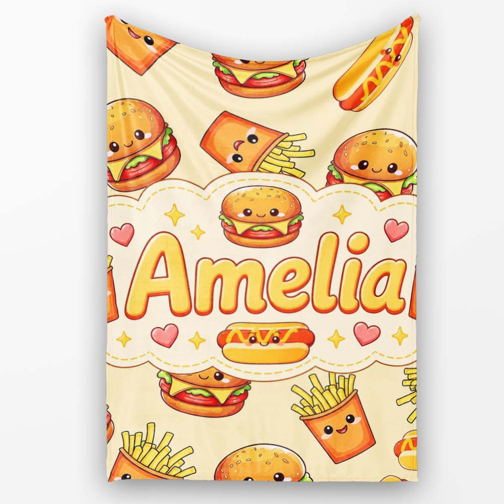 Cute Kawaii Burger Fries Hotdog Fast Food Seamless Pattern Beige  Personalised Custom Name Super Soft Fleece Blanket Bed Sofa Throw