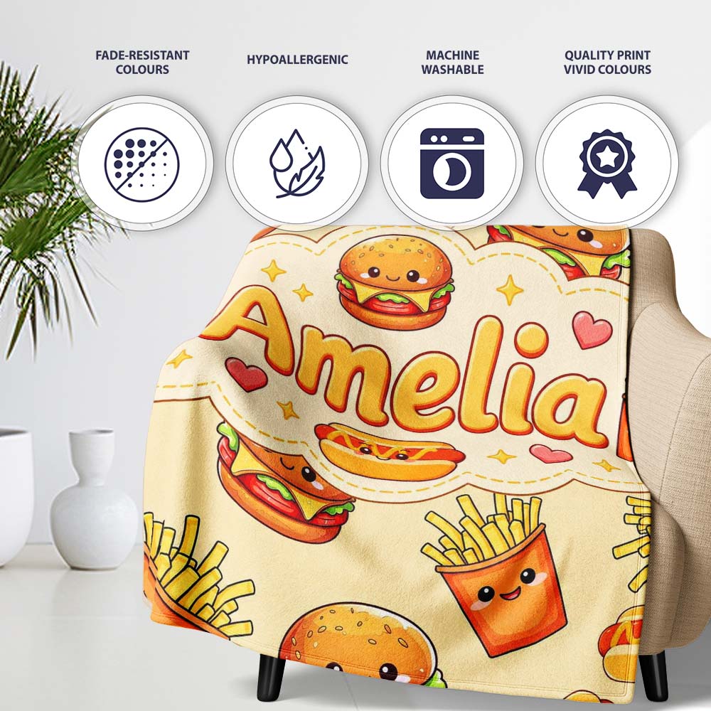 Cute Kawaii Burger Fries Hotdog Fast Food Seamless Pattern Beige  Personalised Custom Name Super Soft Fleece Blanket Bed Sofa Throw