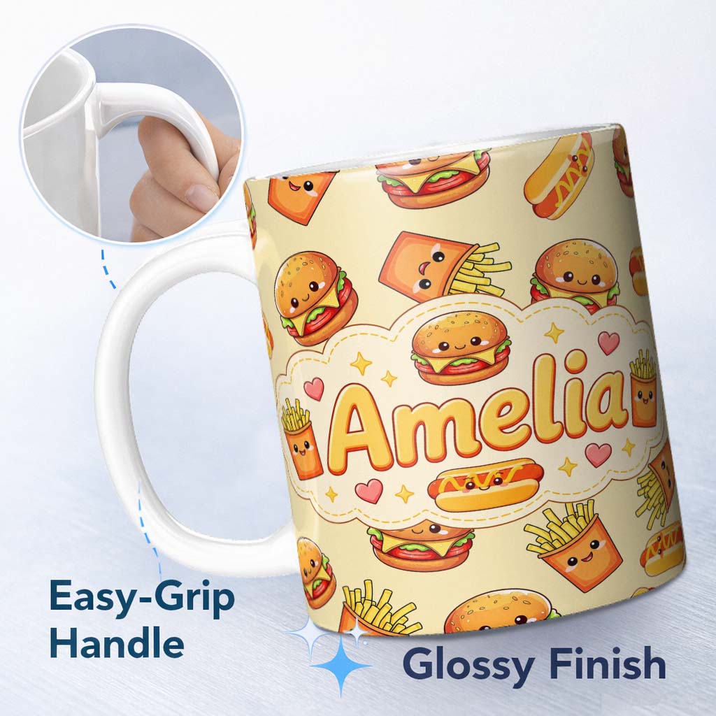 Personalized Custom Name Cute Kawaii Burger Fries Hotdog Fast Food Seamless Pattern Beige 11oz Ceramic Coffee Tea Mug White Large Handle