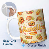 Personalized Custom Name Cute Kawaii Burger Fries Hotdog Fast Food Seamless Pattern Beige 11oz Ceramic Coffee Tea Mug White Large Handle