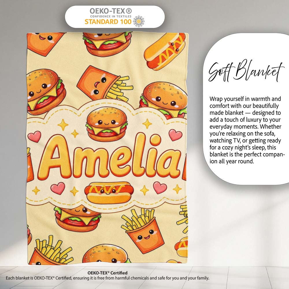 Cute Kawaii Burger Fries Hotdog Fast Food Seamless Pattern Beige  Personalised Custom Name Super Soft Fleece Blanket Bed Sofa Throw