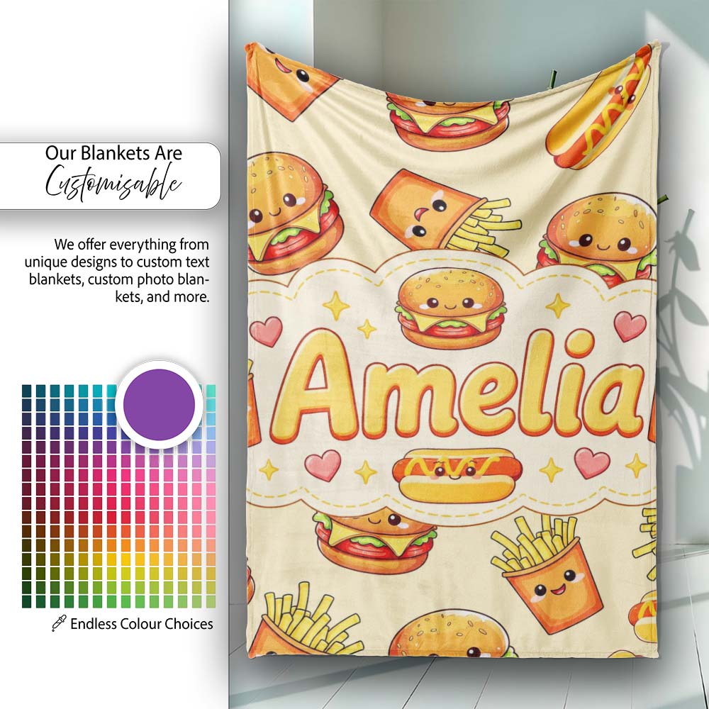Cute Kawaii Burger Fries Hotdog Fast Food Seamless Pattern Beige  Personalised Custom Name Super Soft Fleece Blanket Bed Sofa Throw