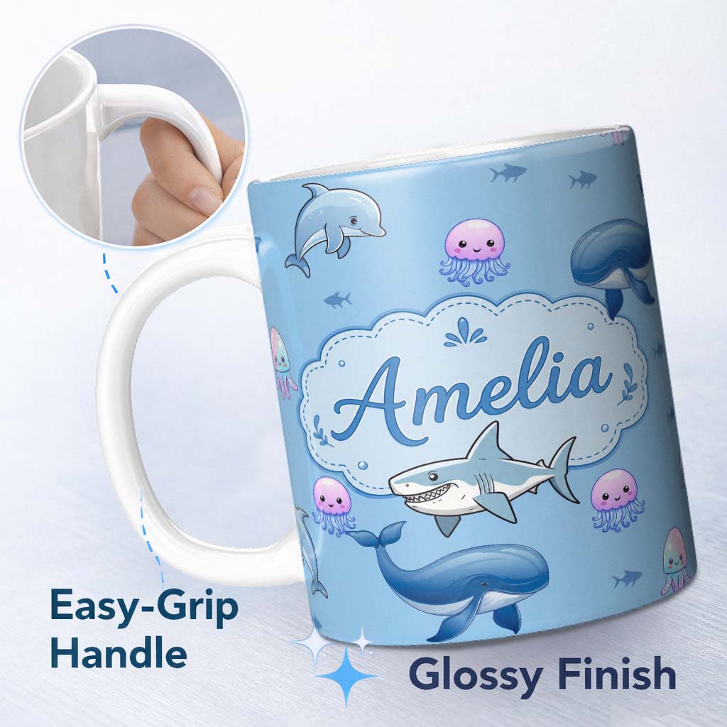 Personalized Custom Name Cute Dolphin Shark and Jellyfish Ocean Animals Blue Background 11oz Ceramic Coffee Tea Mug White Large Handle