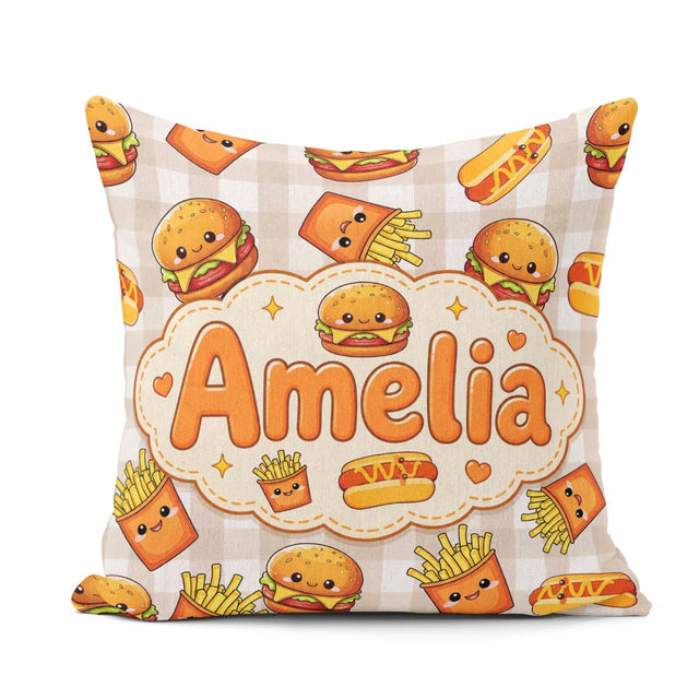 Custom Name Kawaii Burger Fries Fast Food Seamless Pattern Taupe Square Filled Cushion Throw Pillow Sofa Bed Home Decor Zip Washable UK Made