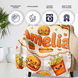 Kawaii Burger Fries Hotdog Fast Food Seamless Pattern Taupe Gingham  Personalised Custom Name Super Soft Fleece Blanket Bed Sofa Throw