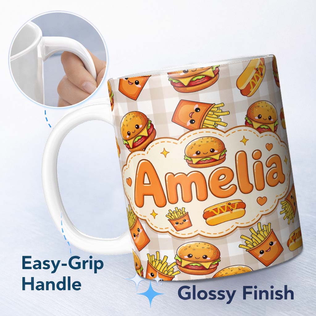 Personalized Custom Name Kawaii Burger Fries Hotdog Fast Food Seamless Pattern Taupe Gingham 11oz Ceramic Coffee Tea Mug White Large Handle