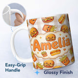 Personalized Custom Name Kawaii Burger Fries Hotdog Fast Food Seamless Pattern Taupe Gingham 11oz Ceramic Coffee Tea Mug White Large Handle