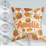 Custom Name Kawaii Burger Fries Fast Food Seamless Pattern Taupe Square Filled Cushion Throw Pillow Sofa Bed Home Decor Zip Washable UK Made