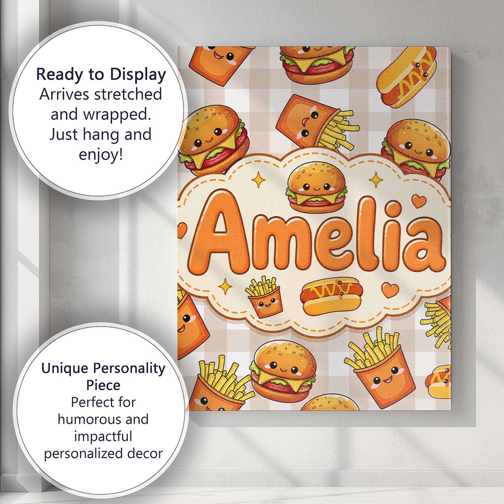 Personalised Name Kawaii Burger Fries Custom Modern Room Accent Creative Decorator Style Canvas Wall Art Print Decor Picture Ready to Hang