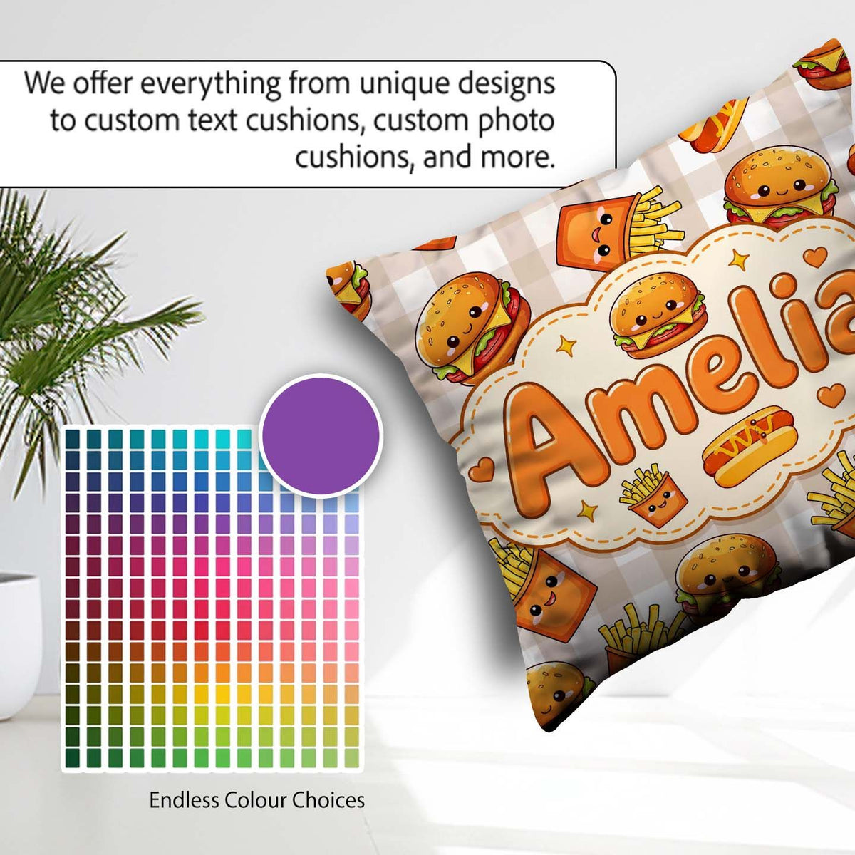 Custom Name Kawaii Burger Fries Fast Food Seamless Pattern Taupe Square Filled Cushion Throw Pillow Sofa Bed Home Decor Zip Washable UK Made
