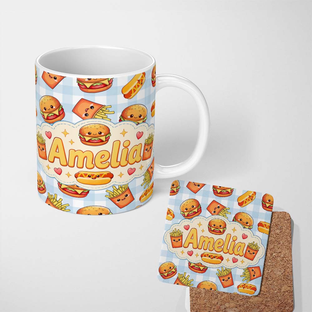 Personalized Custom Name Kawaii Burger Fries Hotdog Fast Food Seamless Pattern Blue Gingham 11oz Ceramic Coffee Tea Mug White Large Handle