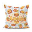 Custom Name Kawaii Burger Hotdog Fast Food Seamless Pattern Blue Square Filled Cushion Throw Pillow Sofa Bed Home Decor Zip Washable UK Made
