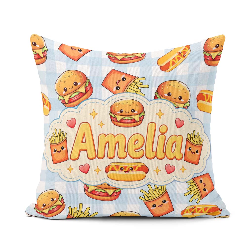 Custom Name Kawaii Burger Hotdog Fast Food Seamless Pattern Blue Square Filled Cushion Throw Pillow Sofa Bed Home Decor Zip Washable UK Made